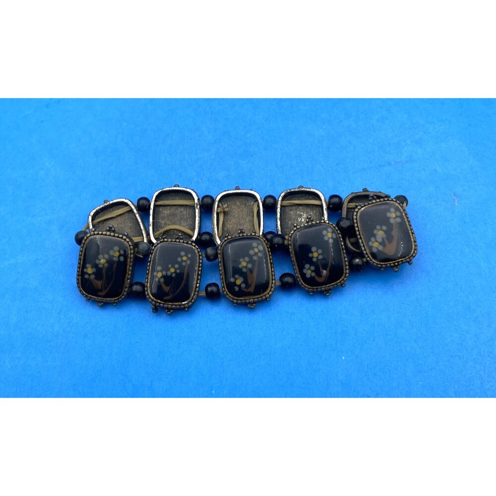 Art Deco Czech Style Black Glass Floral 10 Panel Stretch Bracelet Vintage